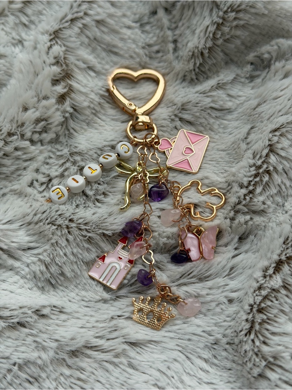 Gold Heart bag charm with rose quartz